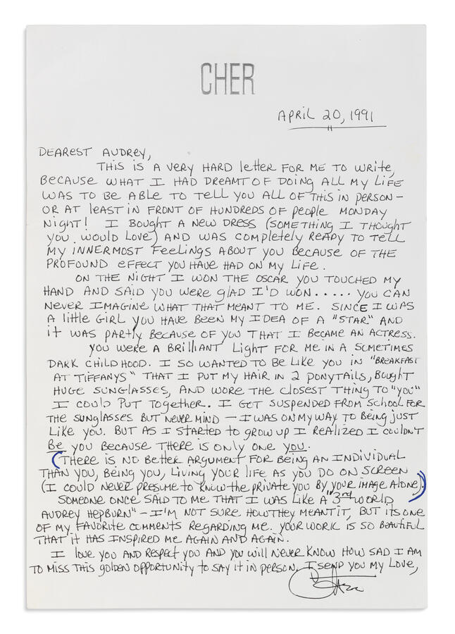 Handwritten Letter from Cher, 20 April 1991. © Christie's.