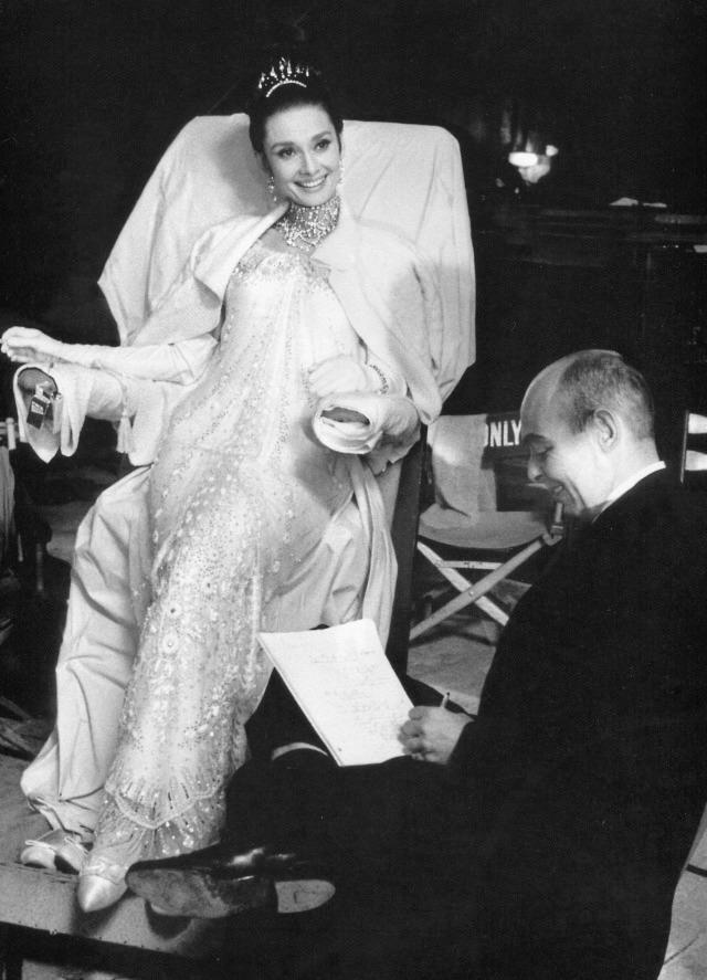 On the set of My Fair Lady with Hepburn and Seidenbaum, 1963. Photographed by Bob Willoughby.