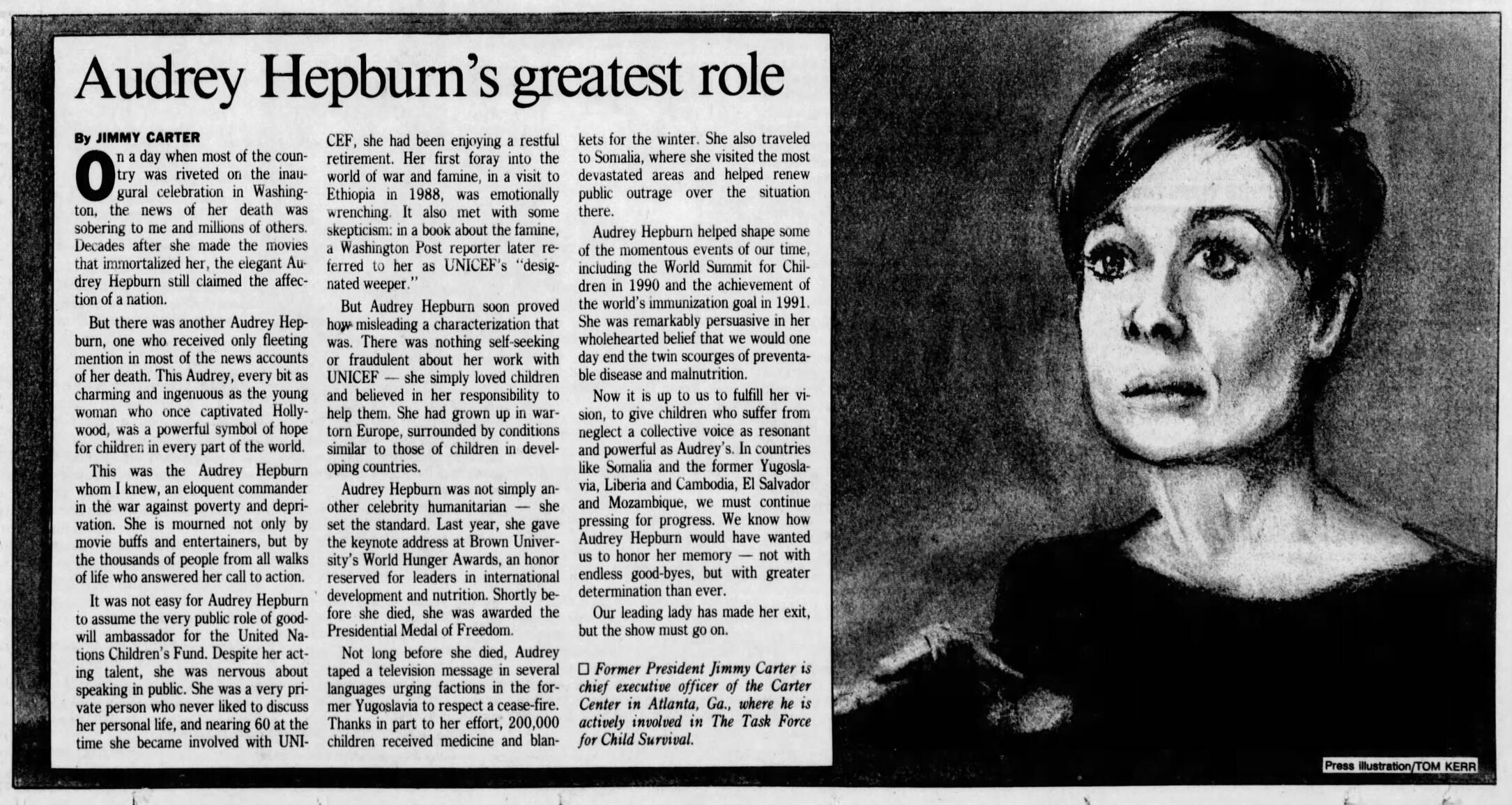 Audrey Hepburn’s greatest role by Jimmy Carter, Asbury Park Evening Press, 21 Feb 1993, pg. 47.